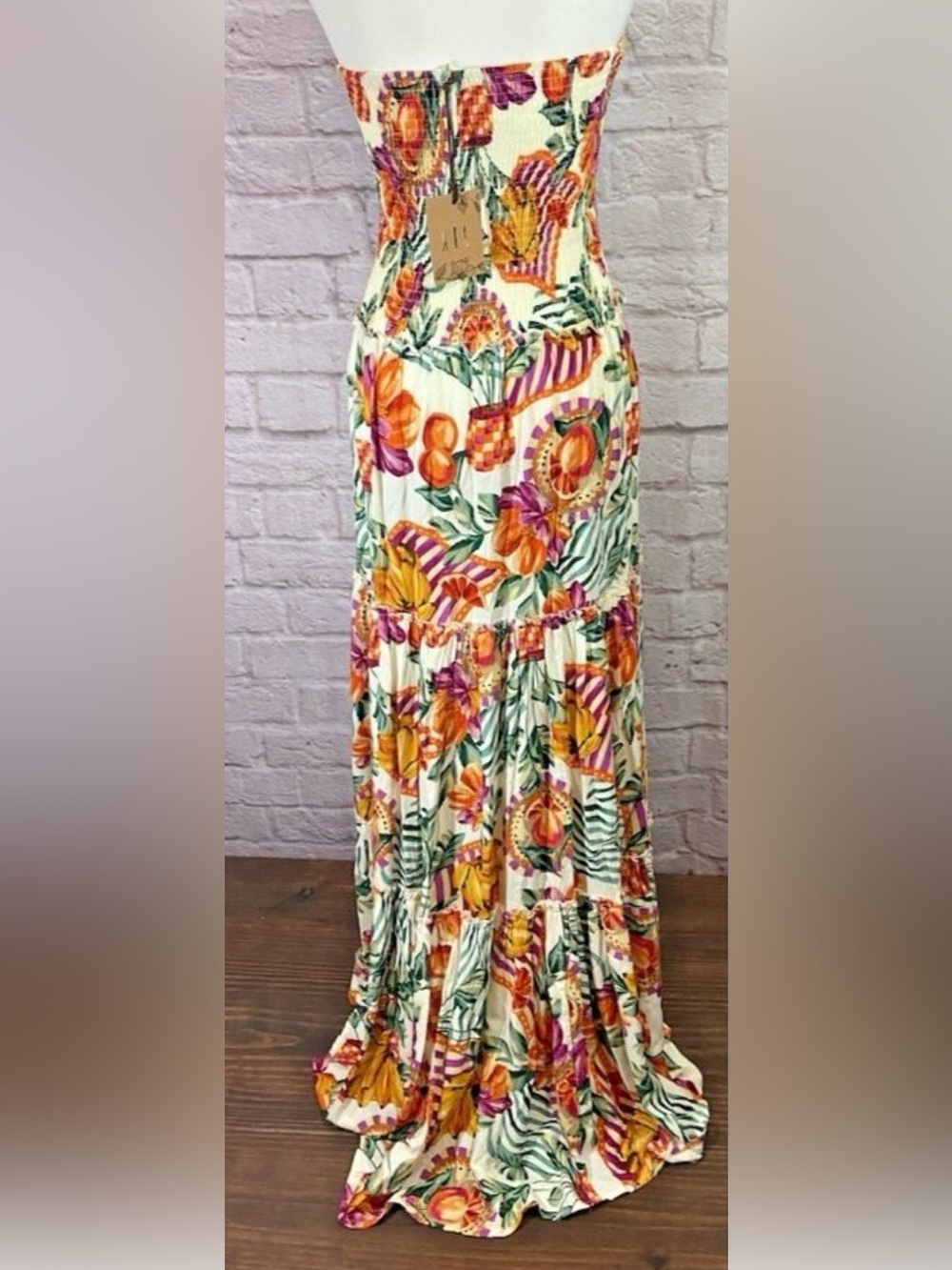 Strapless Floral Maxi Dress in Cream with Orange & Green Print - Picture 2 of 5